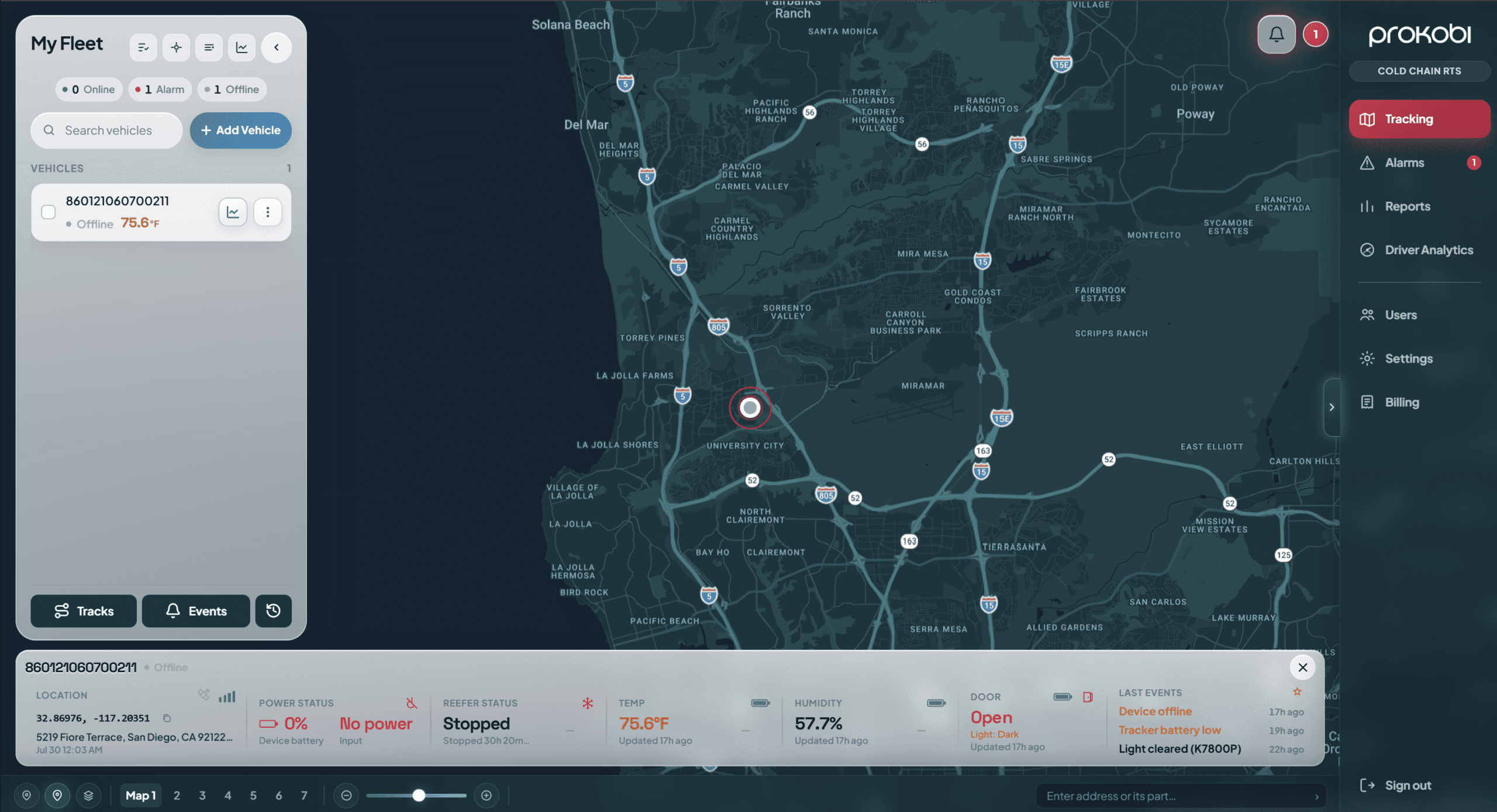 Prokobi RTS refrigerated trailer GPS map for reefer fleet monitoring
